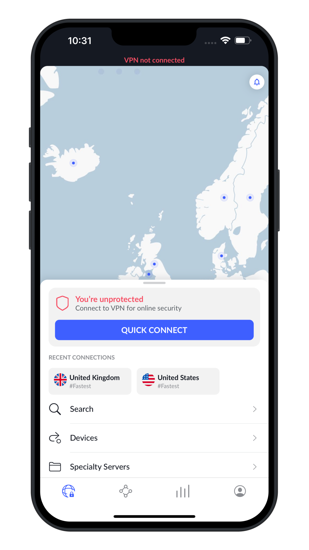 NordVPN iPhone app — disconnected state, Quick Connect and country list