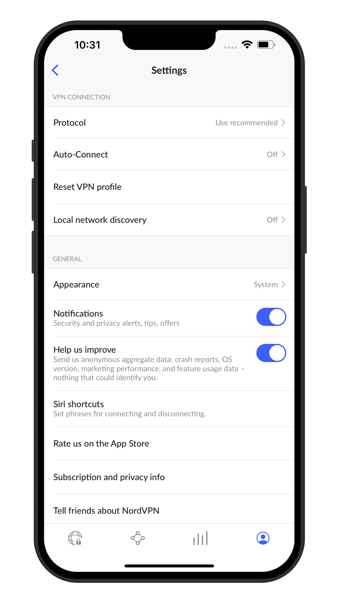 NordVPN settings on iPhone — protocol selection, Threat Protection, kill switch