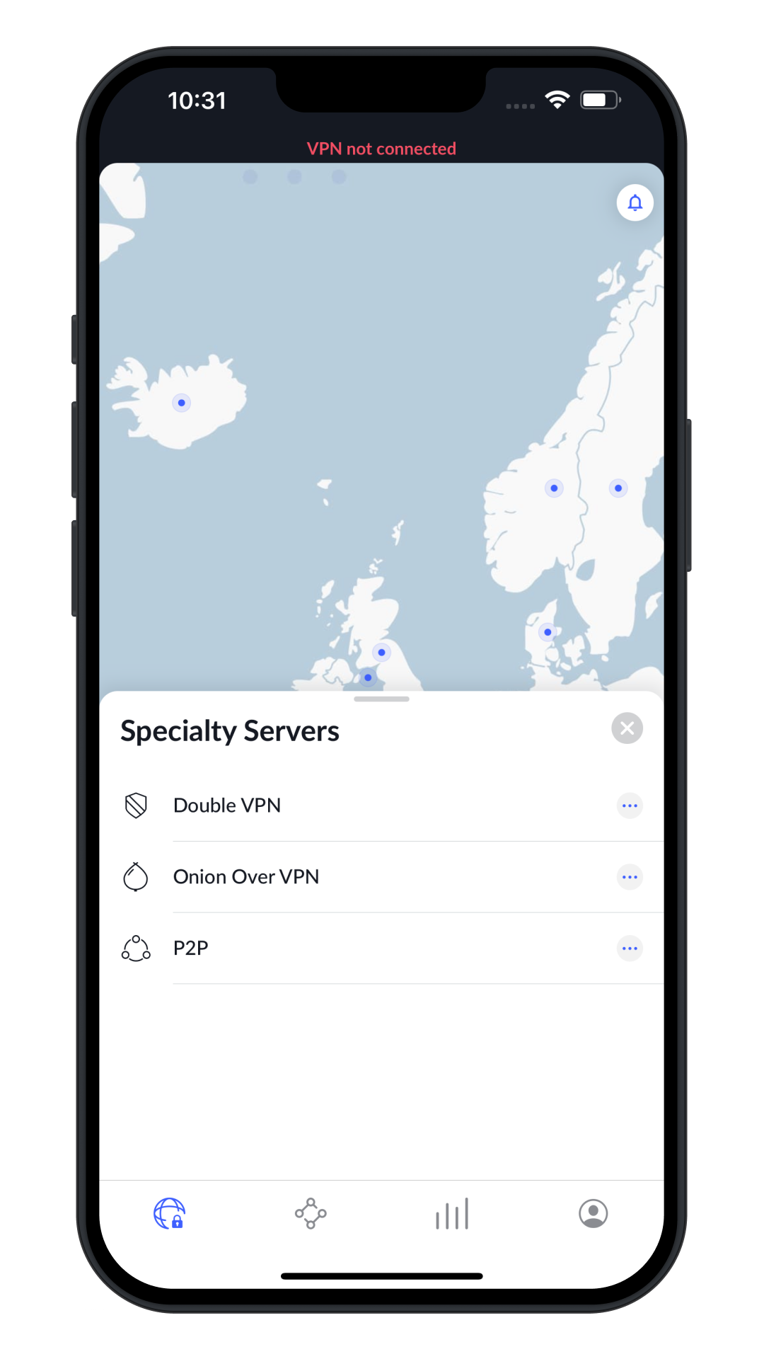 NordVPN specialty servers on iPhone — P2P, Double VPN, Onion over VPN
