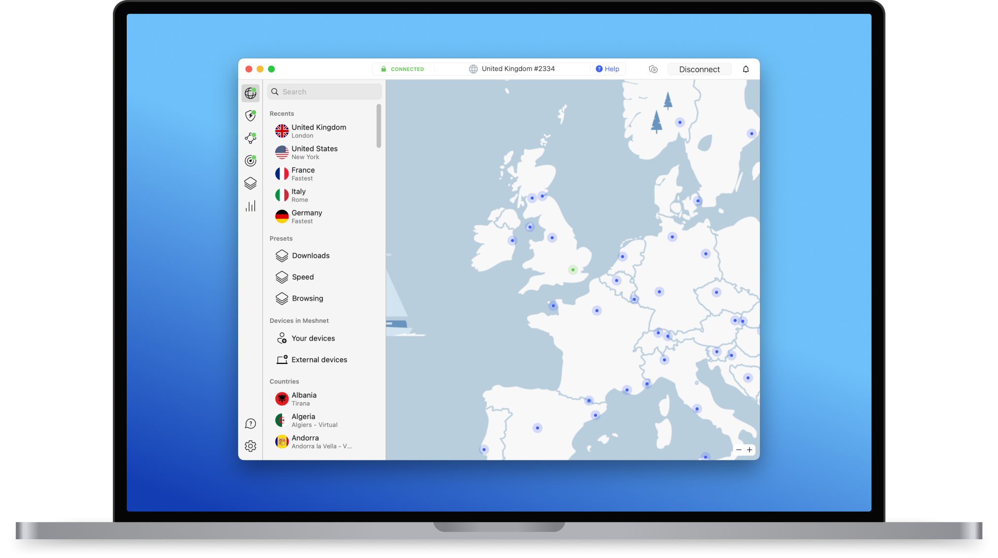 NordVPN macOS app on laptop — connected, UK English interface